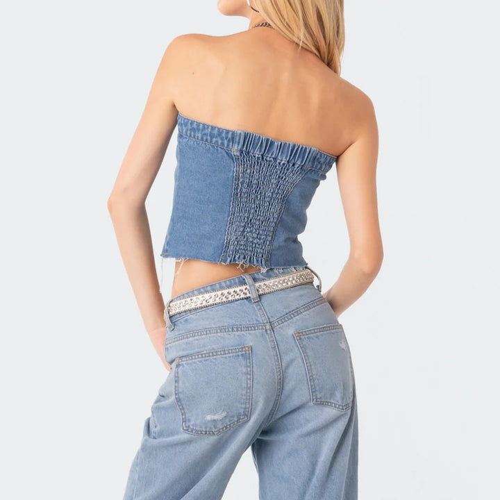 Damen Denim-Crop-Top mit gestricktem Überwurf Drune