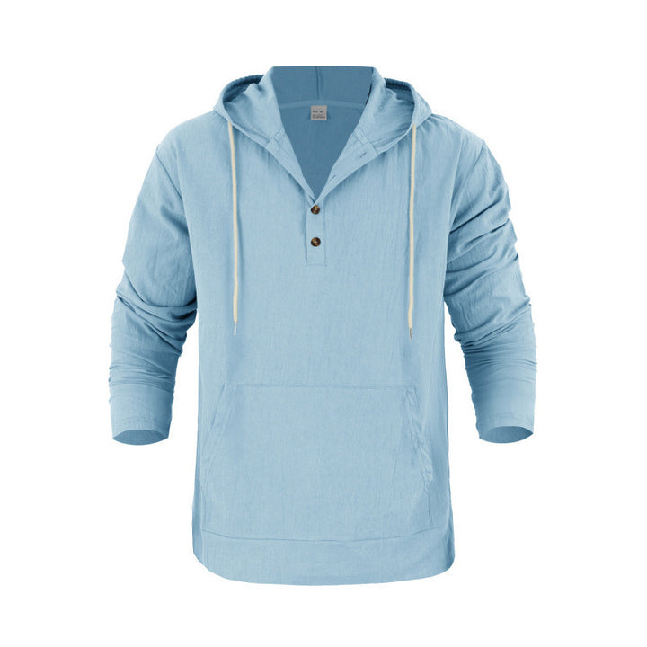 Herren nan Leinenoptik Henley-Kapuzenpullover mit Knopfleiste und Kängurutasche Drune