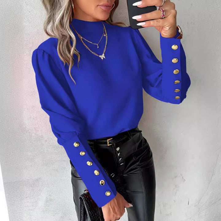 Damen elegante Bluse mit Puffärmeln und goldenen Knopfdetails Drune