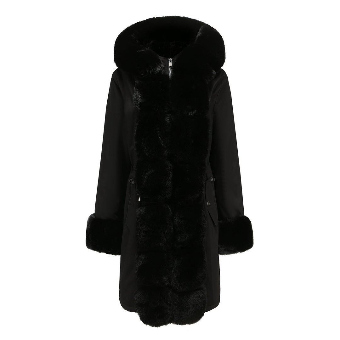 Damen modische Lange Jacke mit Kunstfellbesatz Drune