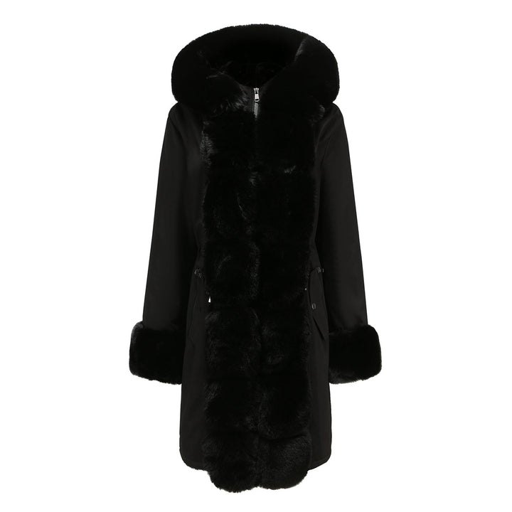 Damen modische Lange Jacke mit Kunstfellbesatz Drune