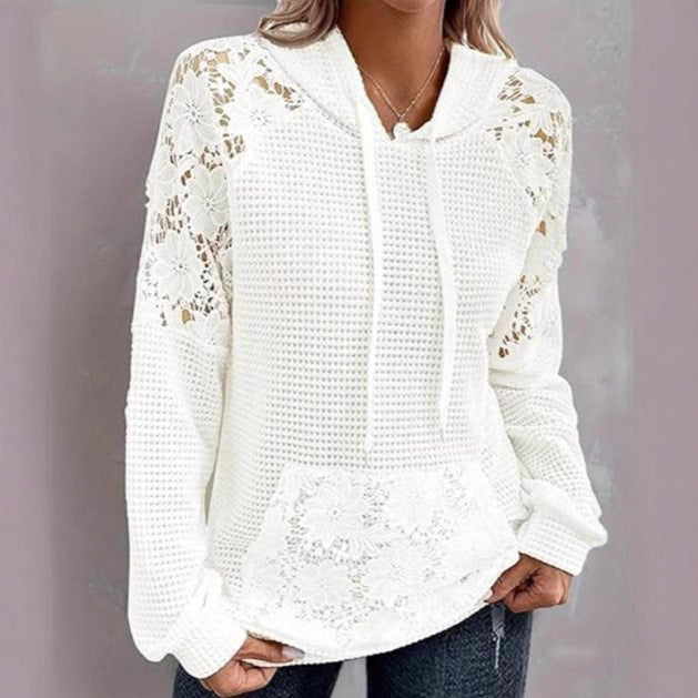 Damen Übergroßer Pullover mit Spitzendetails und Kängurutasche Drune
