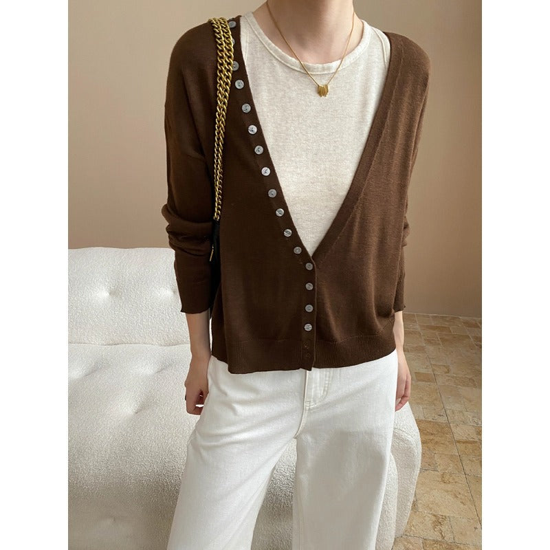 Damen lässiger Langarm-Cardigan mit Knopfleiste Drune