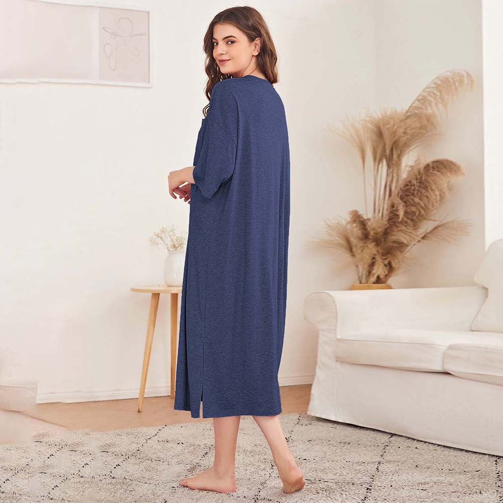 Damen lässiges Nachtkleid mit seitlichen Schlitzen und praktischer Brusttasche Drune