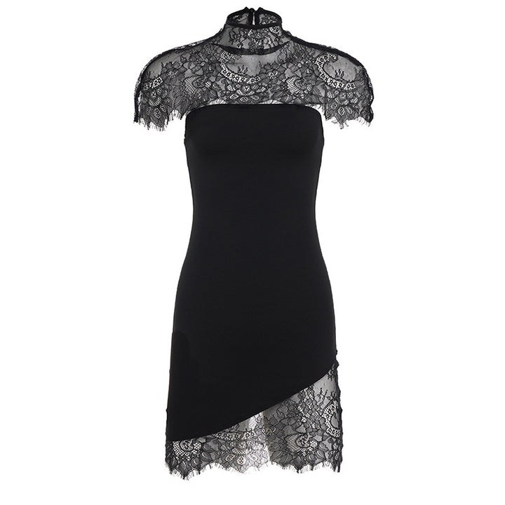 Damen Spitzenkleid mit asymmetrischem Saum und elegantem Kragen Drune
