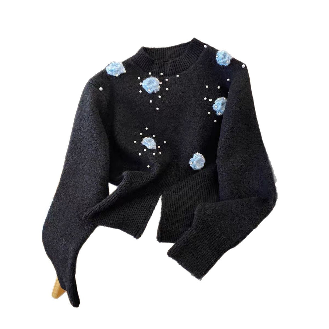 Damen Pullover mit strukturiertem Blumendesign und Perlenverzierungen Drune