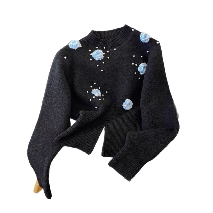 Damen Pullover mit strukturiertem Blumendesign und Perlenverzierungen Drune