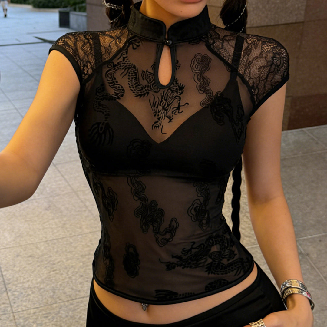 Damen extravagantes Spitzeoberteil mit grafischem Muster Drune