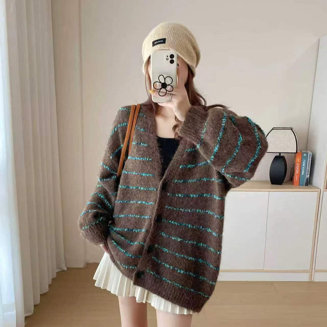 Damen Grobstrickcardigan mit kontrastierenden Streifen und sanften Ärmeln Drune
