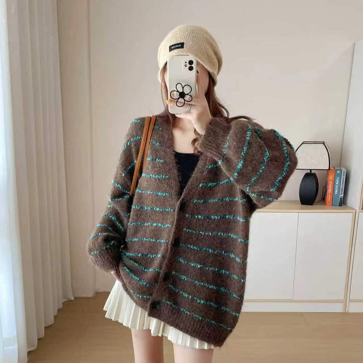 Damen Grobstrickcardigan mit kontrastierenden Streifen und sanften Ärmeln Drune