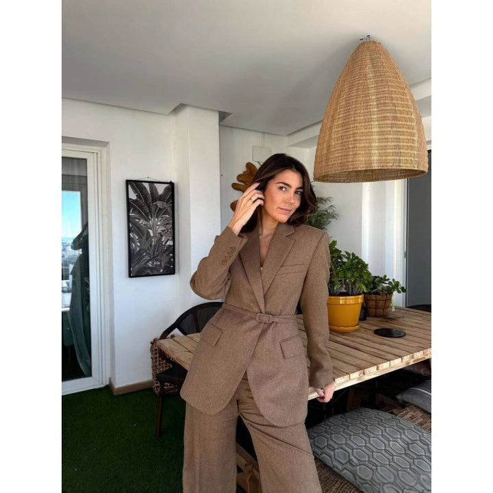 Damen Eleganter Blazer mit Taillengürtel und praktischen Taschen Drune