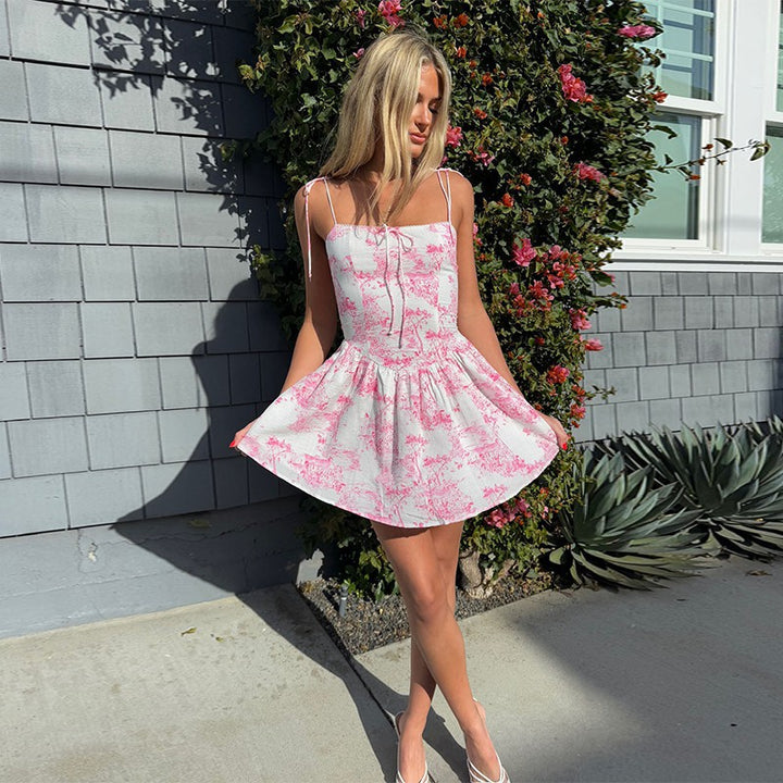Damen verspieltes Midikleid mit Spaghetti-Trägern und floralen Motiven Drune