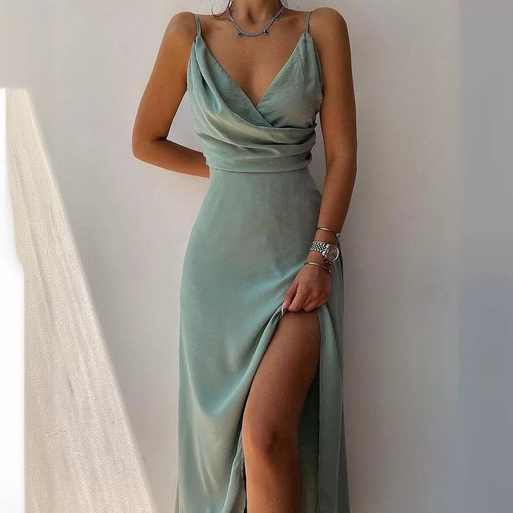 Damen elegantes Maxikleid mit tiefem Wickelausschnitt und seitlichem Schlitz Drune
