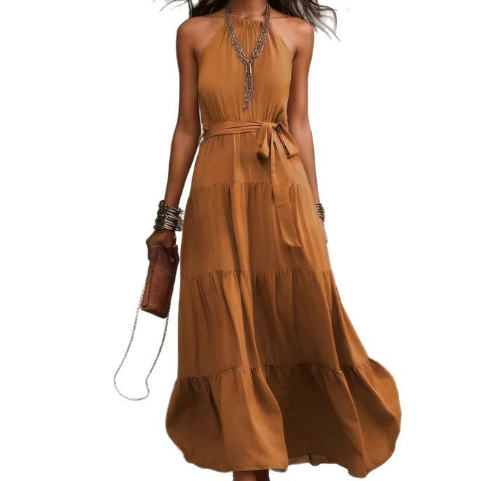 Damen Maxikleid mit tiefem Rückenausschnitt und Taillengürtel Drune