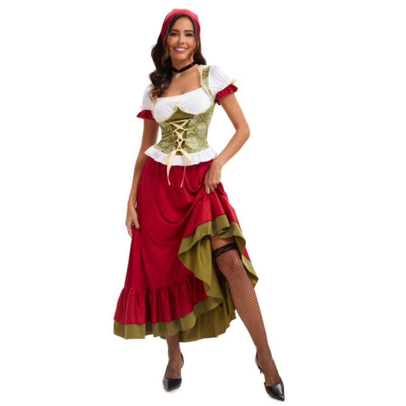 Damen nan sexy bayerisches Dirndl Kostüm mit geschnürtem Mieder Puffärmeln und mehrlagigem Stufenrock Drune
