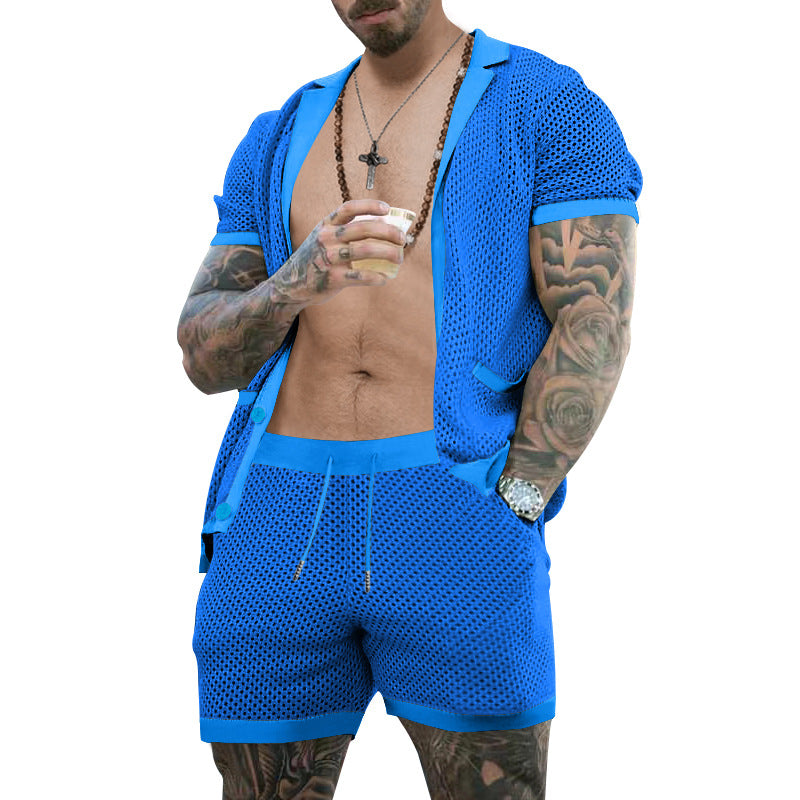 Herren nan offener Netzstrick-Cardigan mit passenden Kordelzug-Shorts Drune