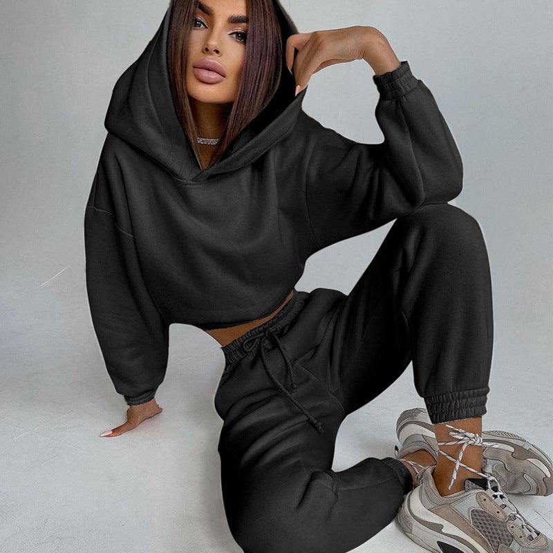 Damen nan Cropped-Hoodie-Loungewear-Set mit elastischem Rippbund, hoher Taillen-Jogginghose und dekorativem Kordelzug Drune