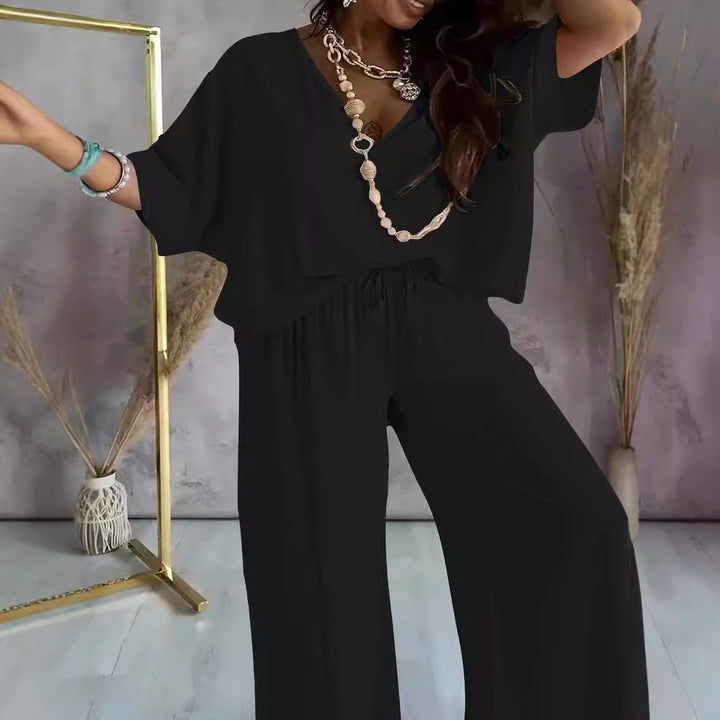 Damen eleganter Jumpsuit mit V-Ausschnitt und weitem Bein Drune