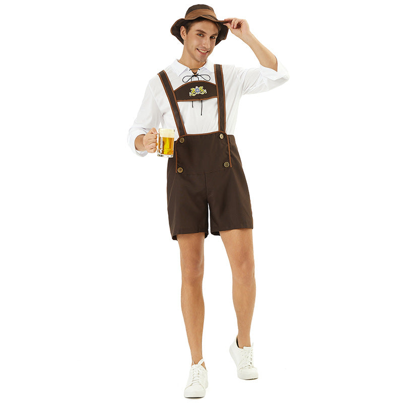 Herren nan Oktoberfest-Kurzlederhose mit verstellbaren Trägern, Zierknöpfen und besticktem Brustlatz Drune