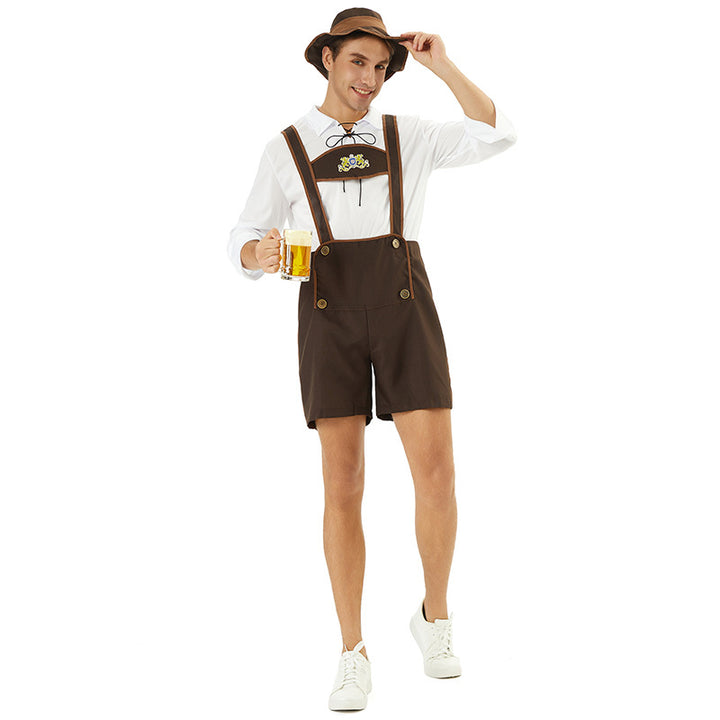 Herren nan Oktoberfest-Kurzlederhose mit verstellbaren Trägern, Zierknöpfen und besticktem Brustlatz Drune