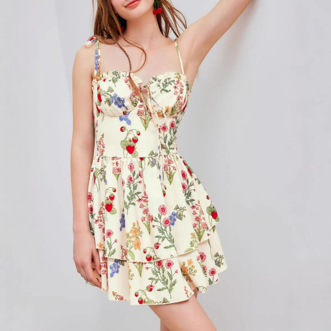 Damen Minikleid mit Blumenmuster und bordeauxfarbenem Unterrock Drune
