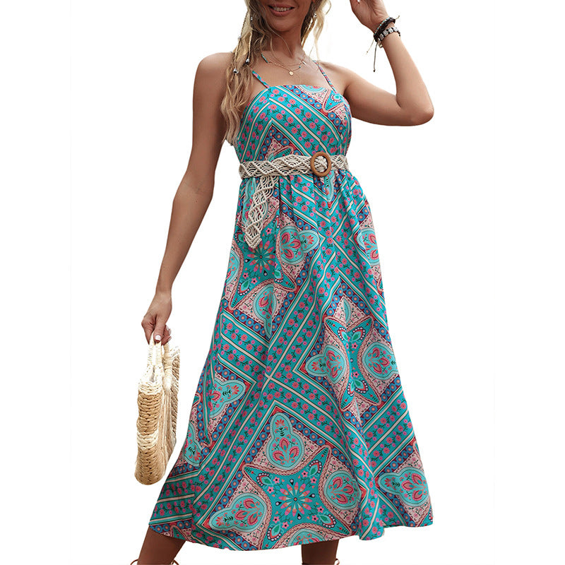 Damen Maxikleid mit feinem Boho-Muster und verstellbaren Spaghetti-Trägern Drune