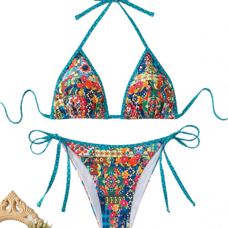 Damen Triangel-Bikini mit bunten Zierstichen und verstellbaren Bindebändern Drune
