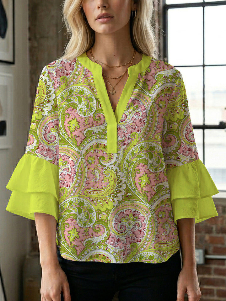 Damen Bluse mit voluminösen Rüschenärmeln und kreativem Floraldesign Drune