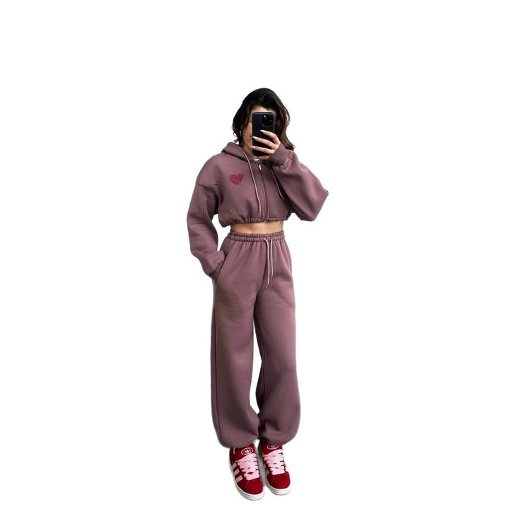 Damen Sportliches Crop-Set mit Kapuze und elastischer Taille Drune
