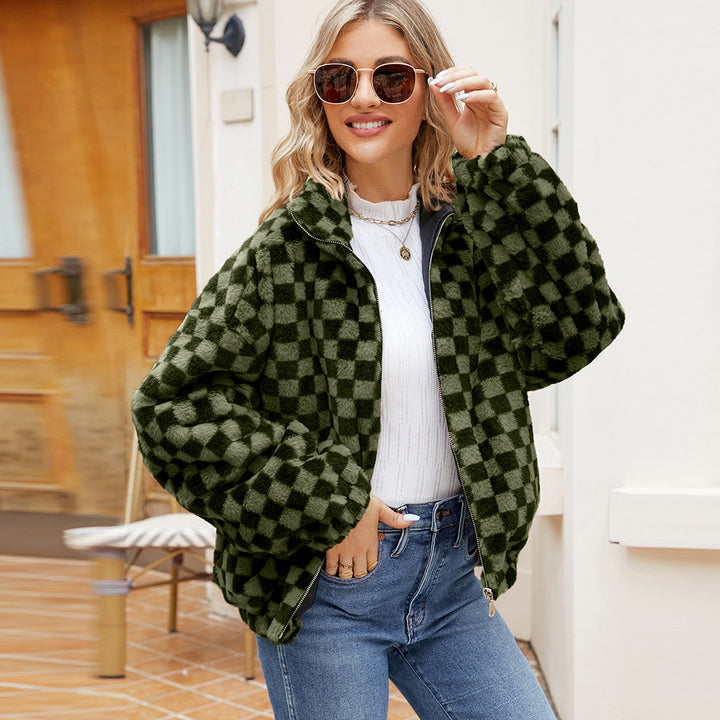 Damen Plüschjacke mit Karomuster und hohem Kragen Drune