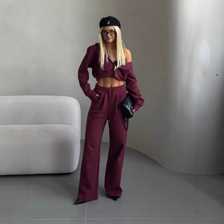 Damen sportliches Cropped Sweat-Set mit elastischem Bund und lässigem Schnitt Drune