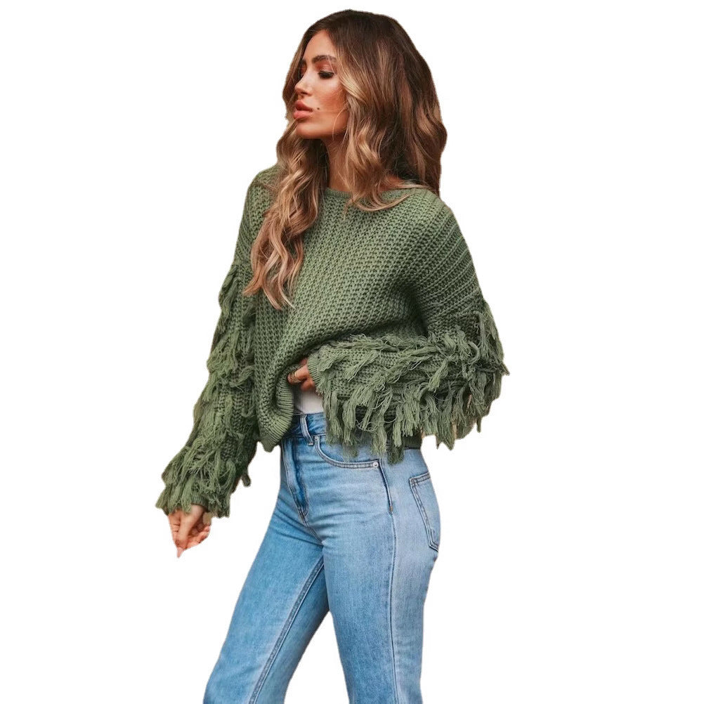 Damen Grobstrickpullover mit fransigen Ärmeln und lässigem Schnitt Drune