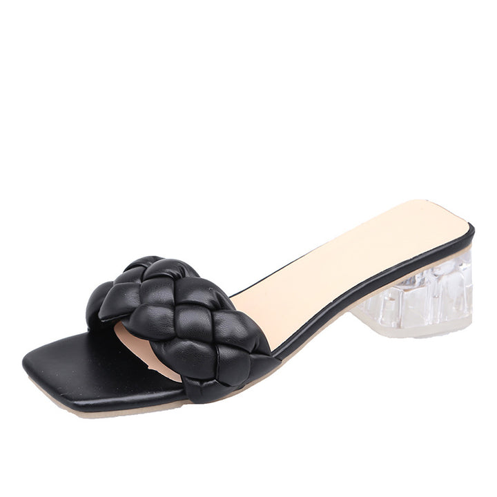 Damen Mules mit geflochtenem Riemen und transparentem Blockabsatz Drune
