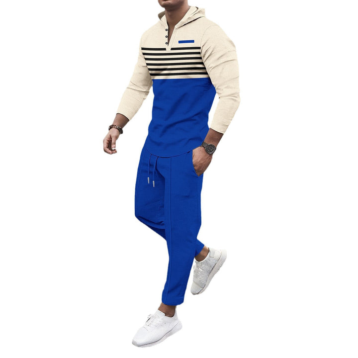 Herren nan Henley-Kapuzen-Lounge-Set mit Streifenpasse, Halbknopfleiste und konischer Jogginghose Drune