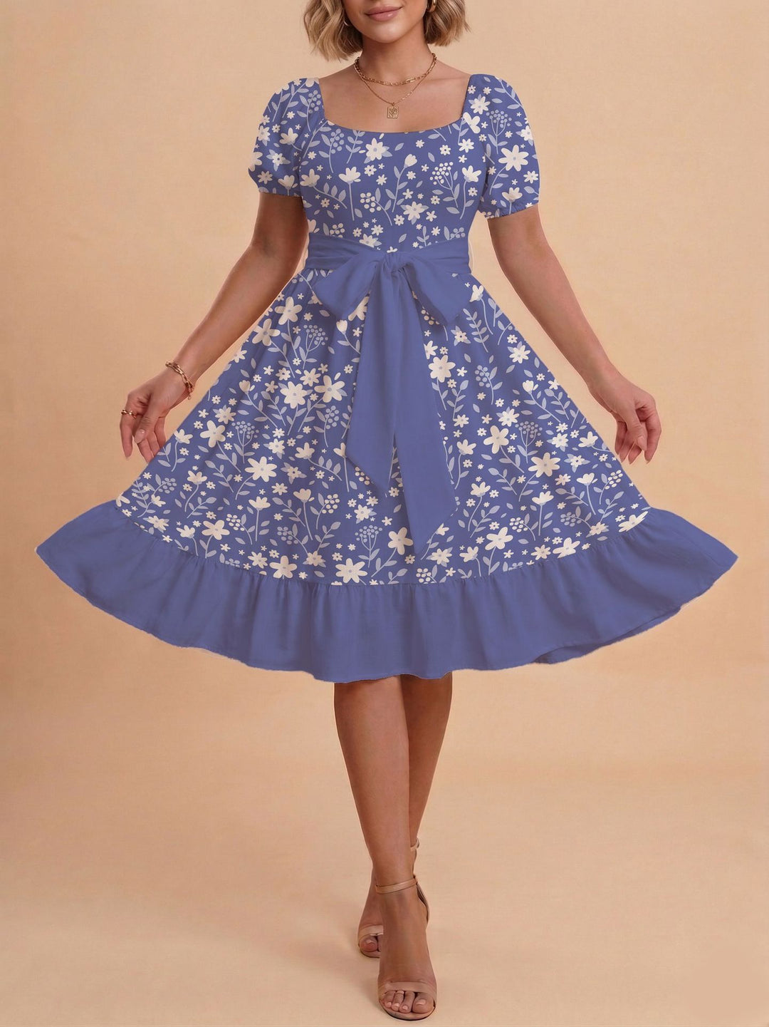 Damen Midikleid mit verspieltem Druck und tailliertem Schnitt Drune