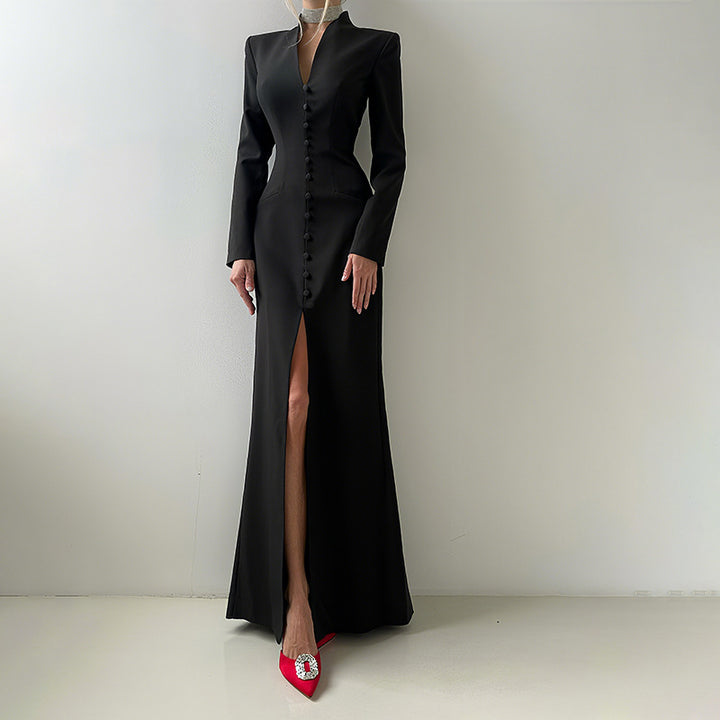 Damen Elegantes Maxikleid mit tailliertem Schnitt und Knopfleiste Drune