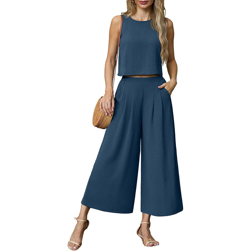 Damen luftiges Zweiteiler-Set mit weitem Hosenbein und ärmellosem Top Drune