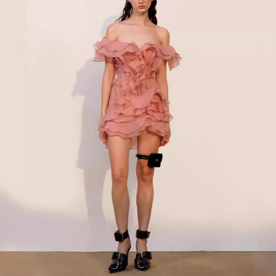 Damen Off-Shoulder Minikleid mit voluminösen Rüschen Drune