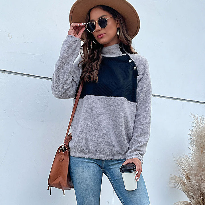 Damen modischer Stehkragenpullover mit strukturiertem Design und Knopfdetail Drune
