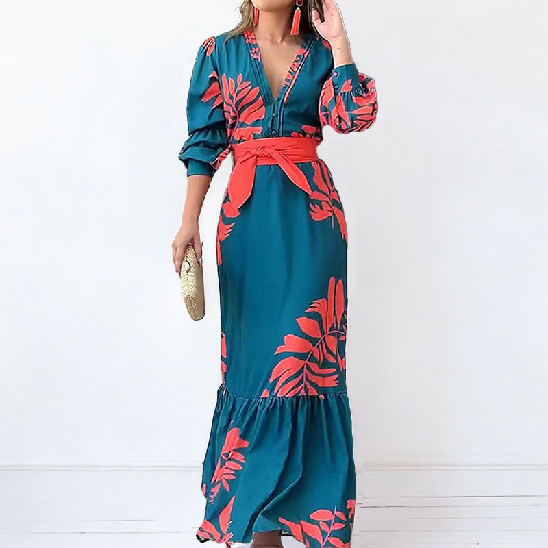 Damen Maxikleid mit glamourösem Wickel-Oberteil und eleganten Puffärmeln Drune