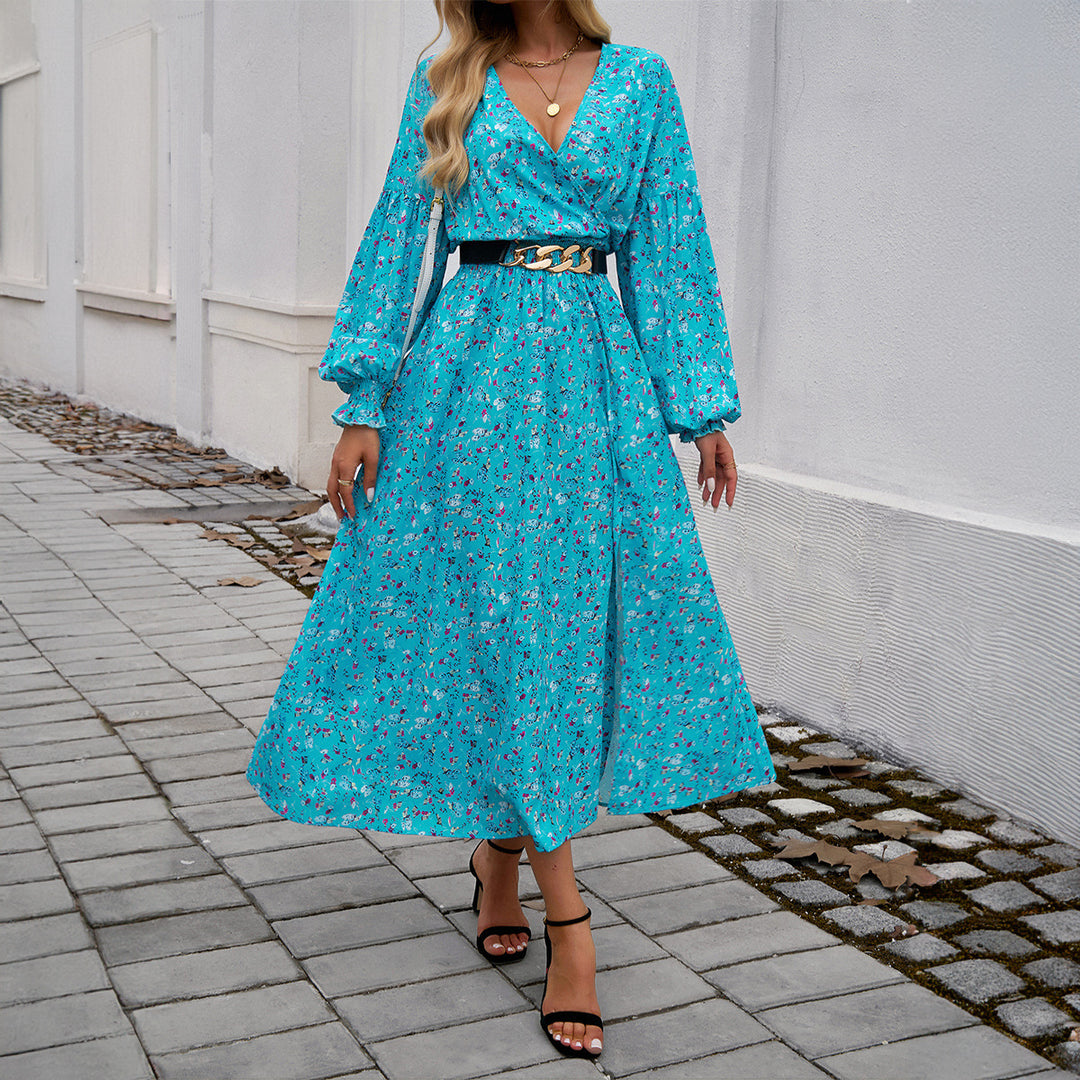 Damen nan Wickelmidikleid mit V-Ausschnitt, Ballonärmeln und taillierendem Gürtel Drune