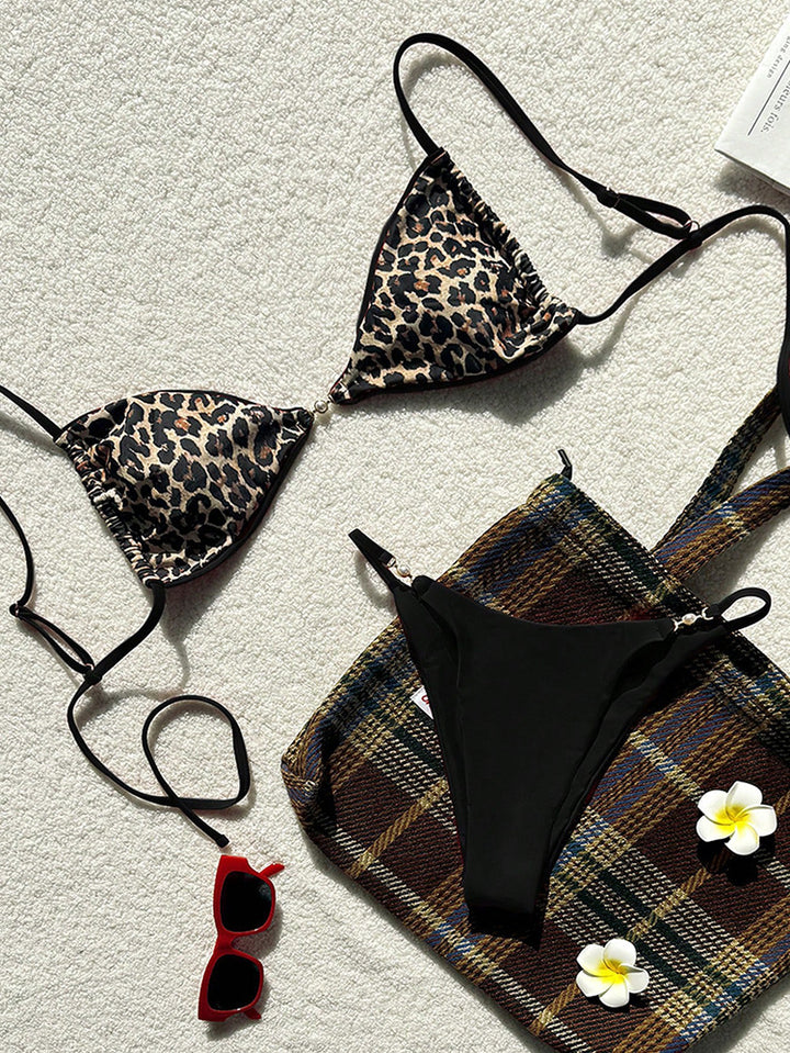 Damen Triangel-Bikini mit Leopardenmuster und verstellbaren Trägern Drune