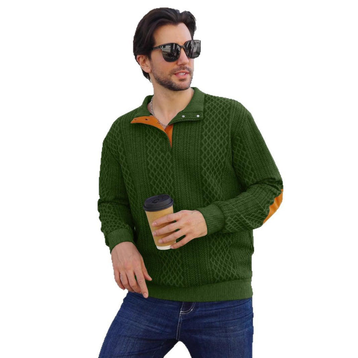 Herren nan strukturierter Henley-Pullover mit Stehkragen, Knopfleiste und Lederoptik-Ellbogenbesatz Drune
