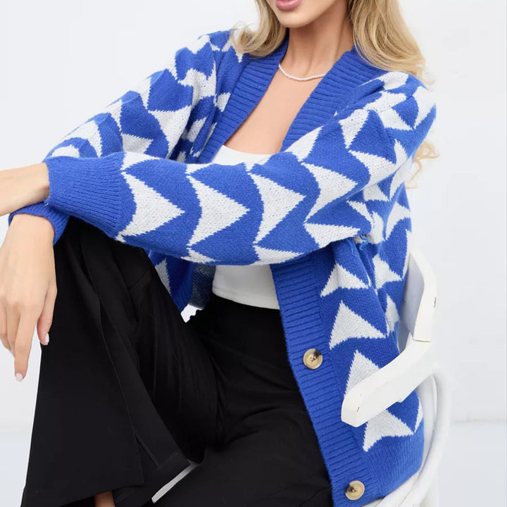 Damen Strickjacke mit geometrischem Muster und knöpfbarem Design Drune