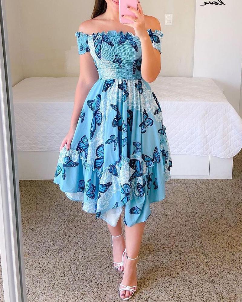 Damen Sommerliches Off-Shoulder Kleid mit farbenfrohem Schmetterlingsmuster und geschmeidigem Faltenwurf Drune