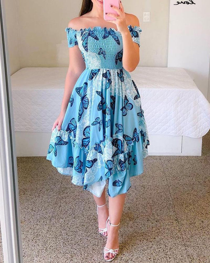 Damen Sommerliches Off-Shoulder Kleid mit farbenfrohem Schmetterlingsmuster und geschmeidigem Faltenwurf Drune