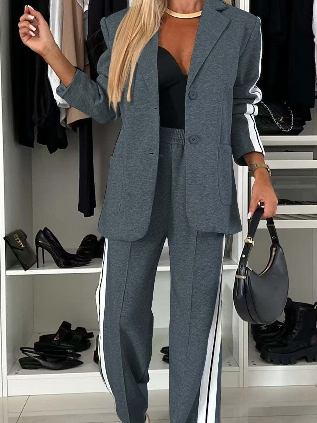 Damen Sportlicher Blazer-Anzug mit seitlichen Streifen Drune