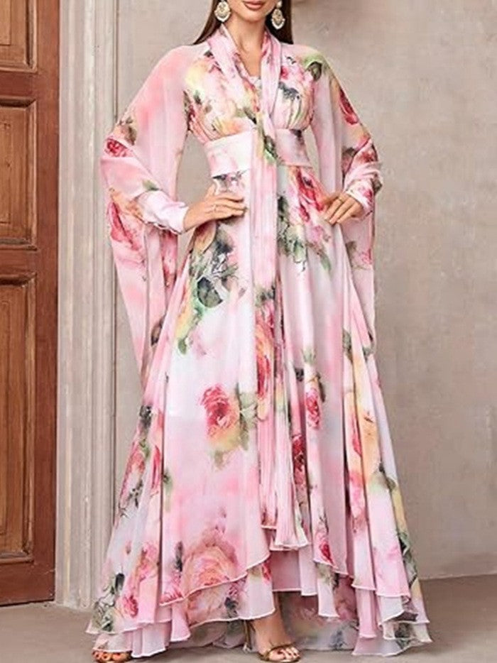 Damen Maxikleid mit eleganten Volants und floralem Design Drune