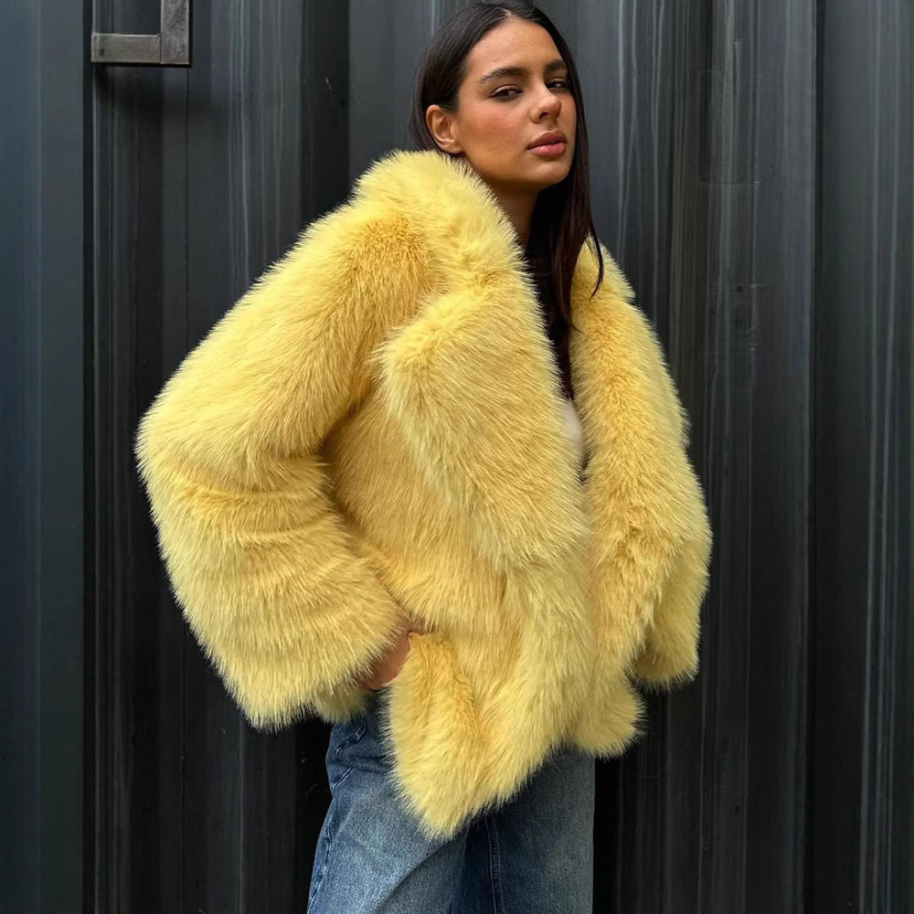 Damen flauschige Teddyjacke mit breitem Kragen und seitlichen Eingrifftaschen Drune