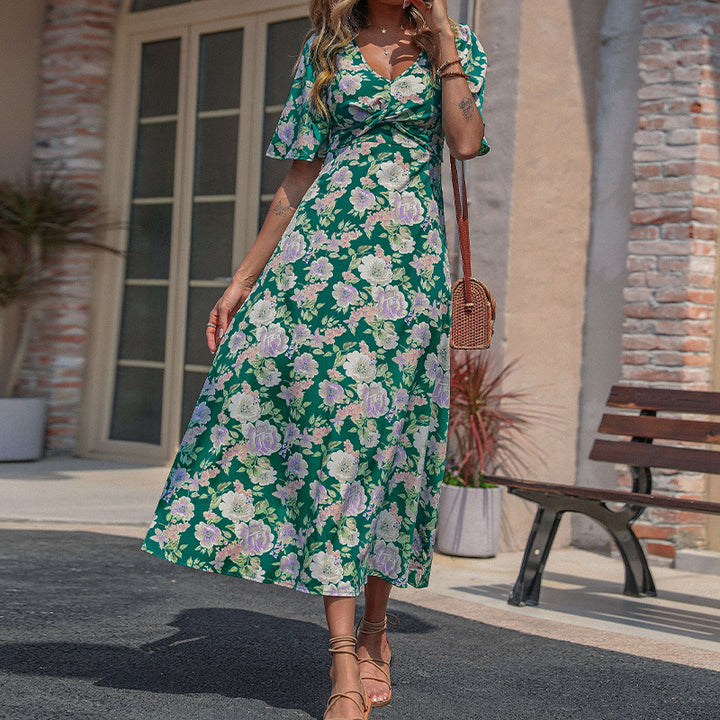 Damen Maxikleid mit floralem Design und tiefem V-Ausschnitt Drune